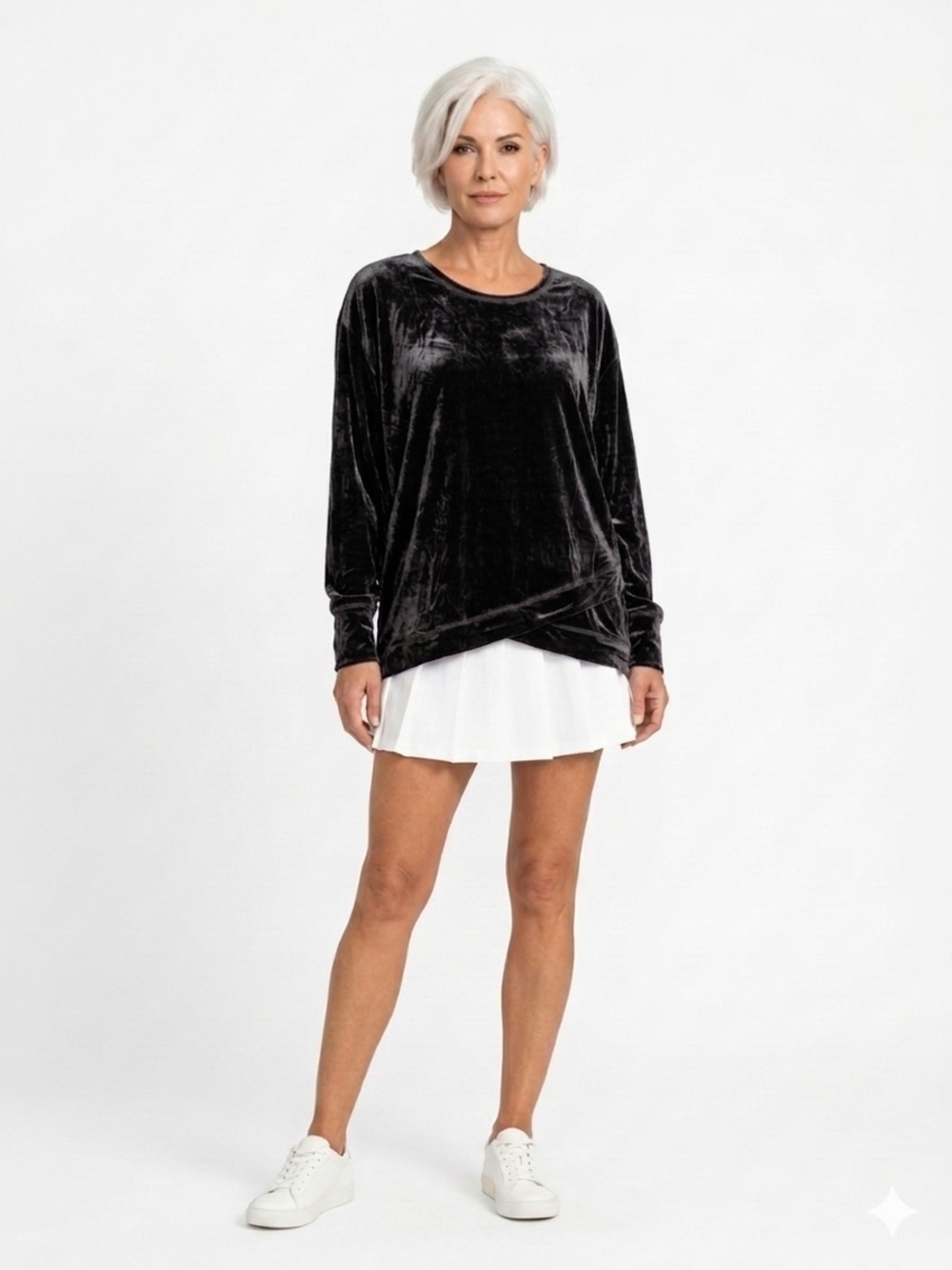 Velvet Long-Sleeve Pullover Top - Black